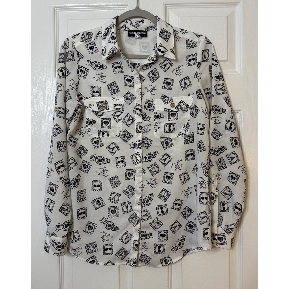 KARL LAGERFELD PARIS White Black Stamp Print‎ Button Down Shirt Women's XS